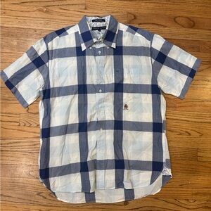 Vintage Tommy Hilfiger White & Blue Plaid Lion Crest Shirt Large 90s Y2K